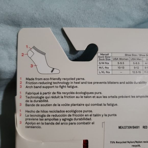 COPY - NWT Merrel Trail Runner Lightweight Sock 1 Pair Size M/L Red / Blue - Picture 4 of 4